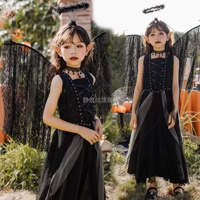 Trẻ em Halloween Thiên Thần Bóng Tối Ma Cà Rồng Trang Phục Hóa Trang Quốc Đen Quỷ Hiệu Suất Đầm