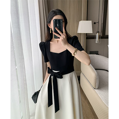 Chị anh câu chuyện 2018 mùa thu mới màu rắn V-Cổ chia ngã ba dài đan dress 5194