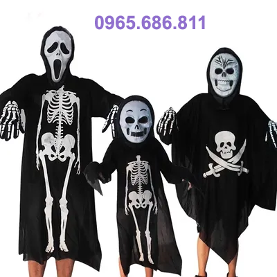 Halloween cosplay hóa trang trang phục bộ xương đồng hồ ma áo choàng người lớn trẻ em kinh dị mặt nạ