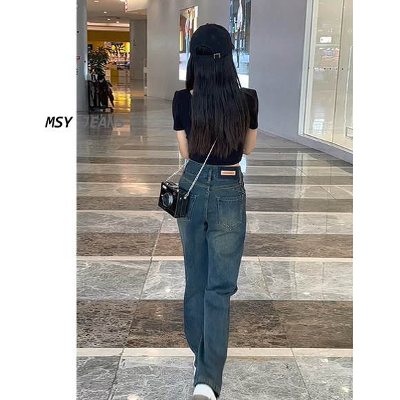 Quần jean nữ size cao cỡ lớn mm cao eo nữ mùa thu đông Học sinh phiên bản Hàn Quốc của quần lửng ống suông thẳng rộng ống rộng quần jean baggy nữ