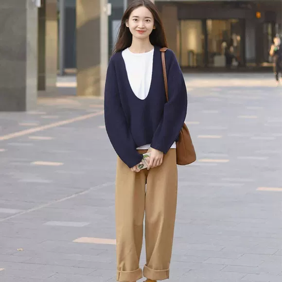 Mùa thu đông 2019 mới Áo thun nữ cổ chữ V của phụ nữ Hàn Quốc áo len dài tay hoang dã - Áo len cổ chữ V áo gile len
