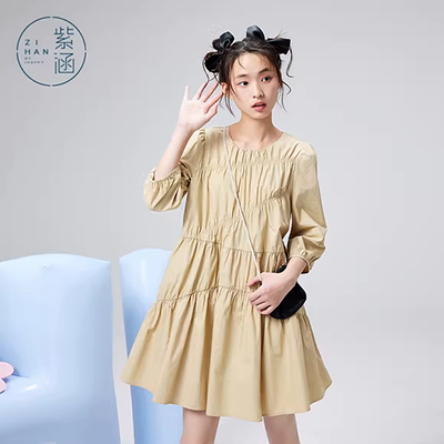 Mùa thu mới Hàn Quốc tính khí lưới khâu đèn lồng tay áo ra- vai đầm eo cao mỏng dài tay áo một từ váy váy chữ a liền công sở