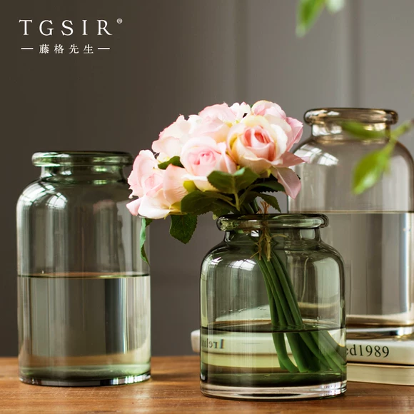 Bình hoa phòng tắm cắm hoa khô phòng khách bình thủy tinh ngắn miệng béo bàn ăn trang trí Mỹ - Vase / Bồn hoa & Kệ