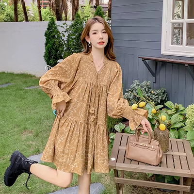 Váy retro 2019 hè mới của nữ thương hiệu áo ngực đơn eo eo một chữ in váy 63281 - A-Line Váy đầm xòe đẹp